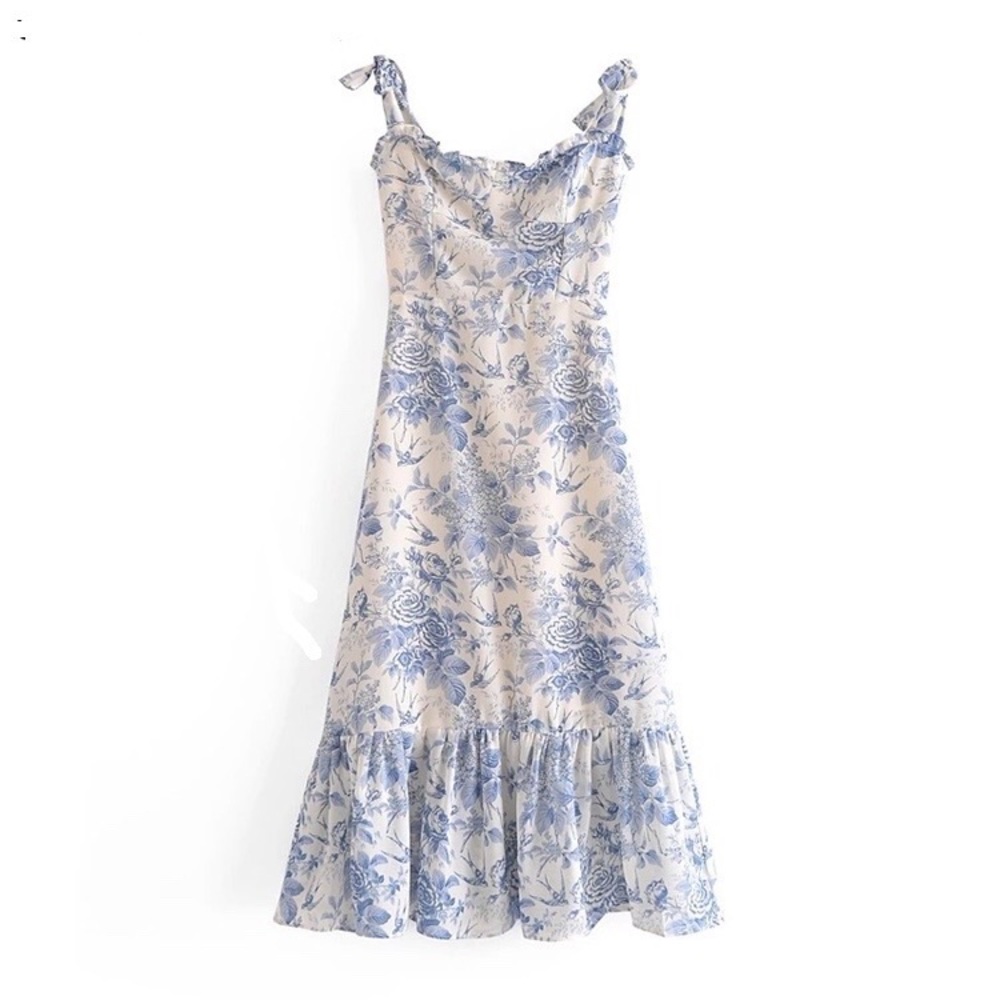 Romantic cottagecore blue toile floral dress